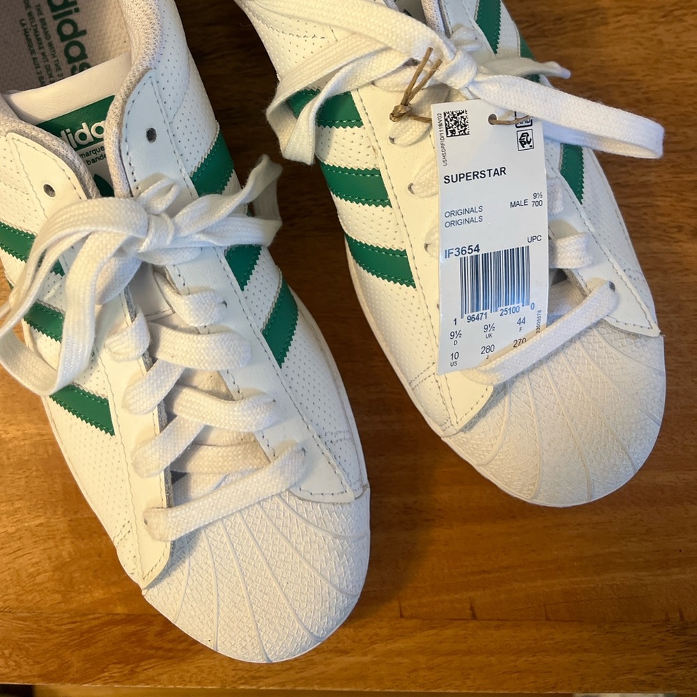 Adidas Superstar White/Green Leather Sneakers - Men’s 10 - Picture 2 of 5